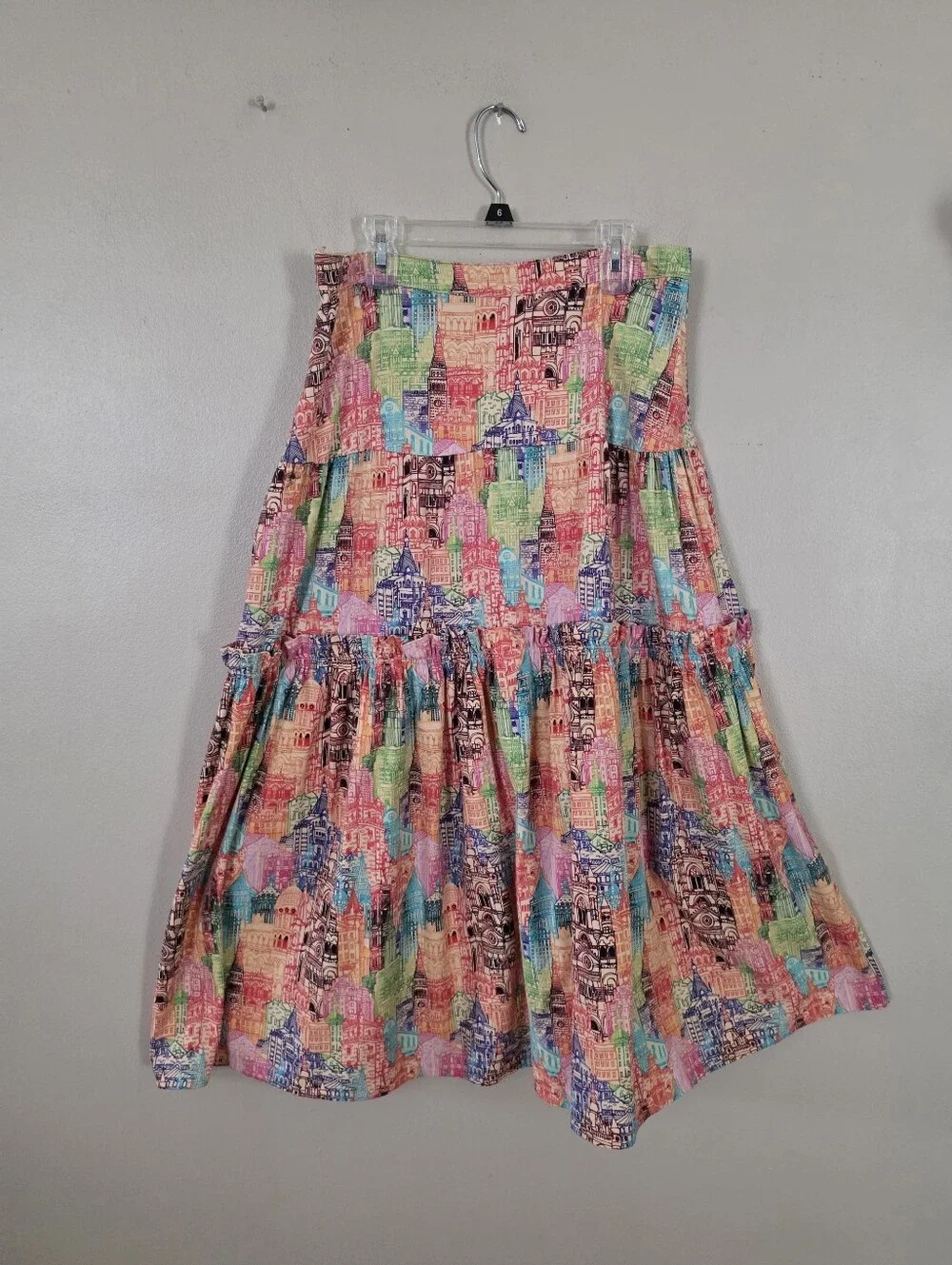 Eva Franco Villa Tiered Maxi Skirt Cityscape Pattern Women's Size 4